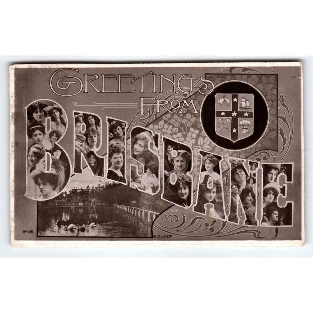 1907 Brisbane Large Letter Postcard, Queensland E.D. & Co Antique Greetings RARE